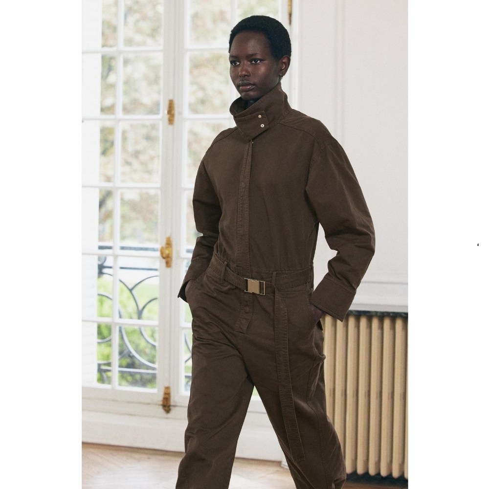 Zara Long Belted Jumpsuit ZW Collection - NWT - Size Small Sm - Brown Olive- New